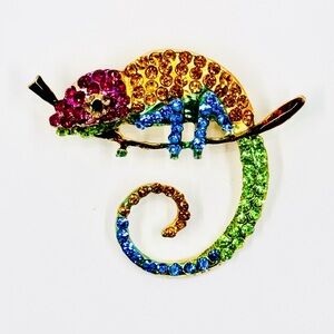 Crystal Rhinestone Chameleon Gecko Lizard Reptile Brooch 2.75”X2.5”